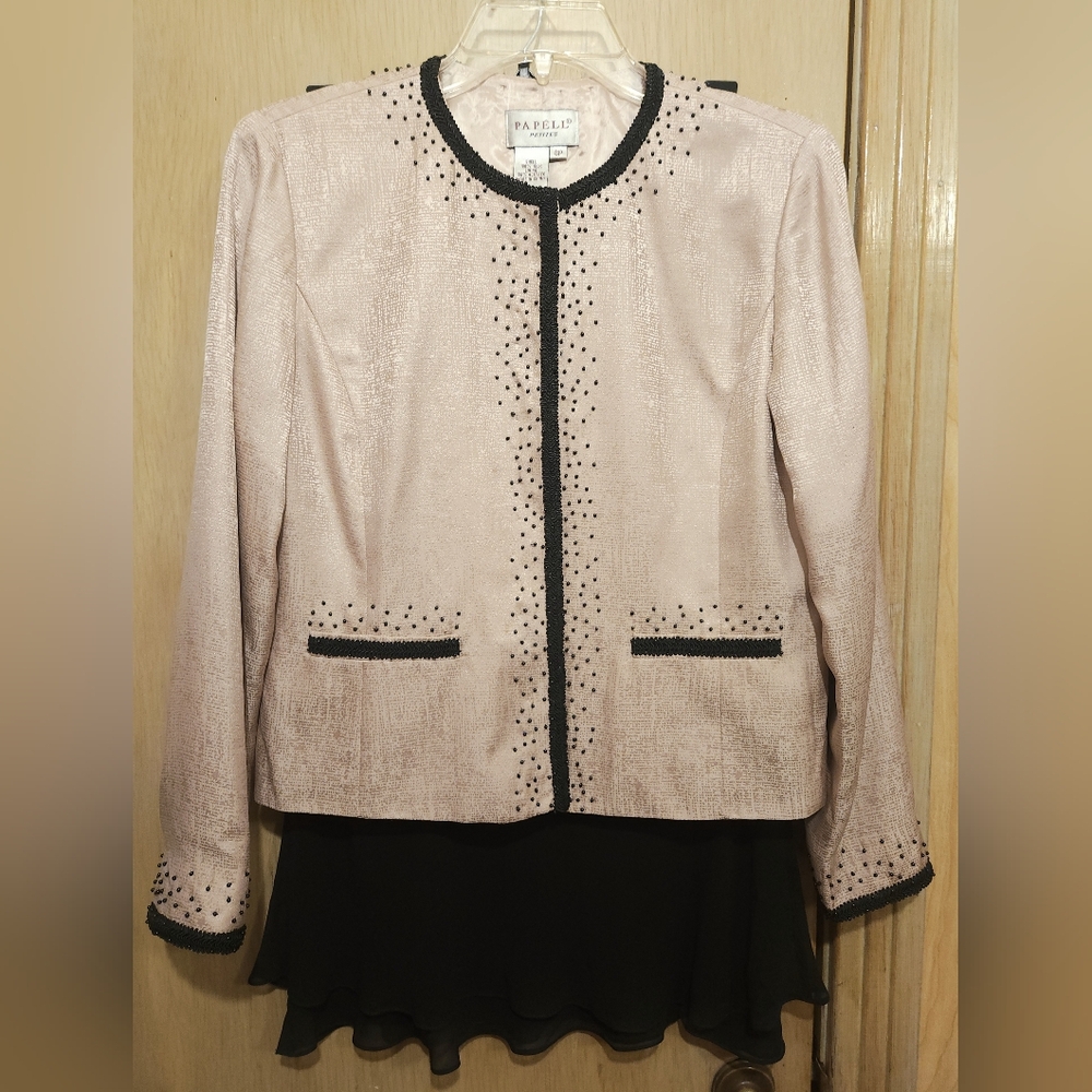 PAPELL Petites Womens 8P Silk Skirt Suit Blush Pink Black Chiffon Skirt Beaded